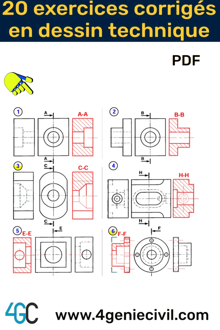 Exemple de dessin technique industriel représentant une vue, une coupe et une section d'une pièce mécanique, illustrant l'apprentissage des exercices corrigés.