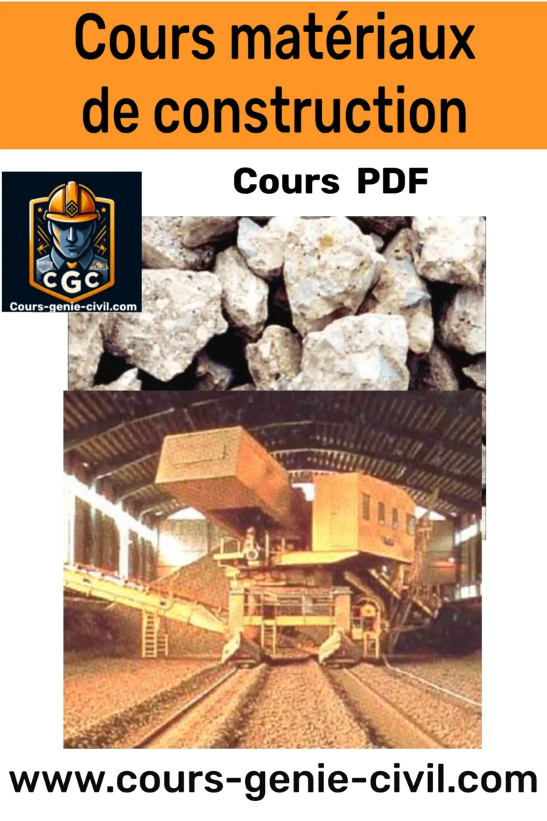 Illustration d'un cours PDF sur les matériaux de construction en génie civil, couvrant les types de matériaux et leurs propriétés techniques.