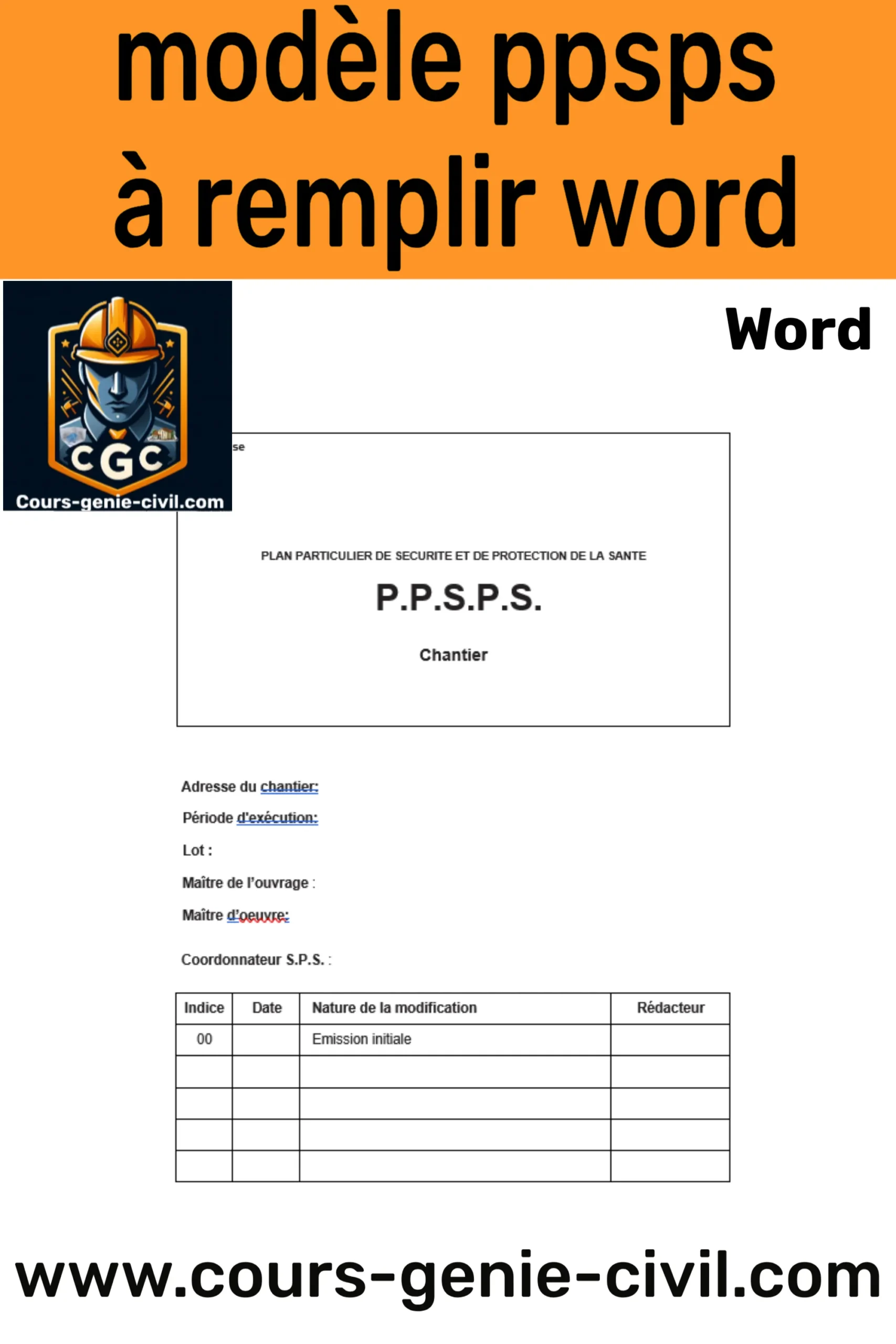 Image illustrant un document PPSPS Word avec des sections structurées, prêt à être personnalisé pour la sécurité sur chantier.