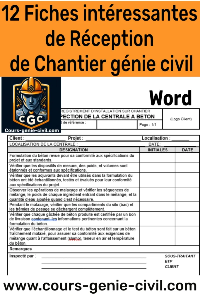 12 Fiches pratiques pour la réception de chantier en génie civil — Format Word