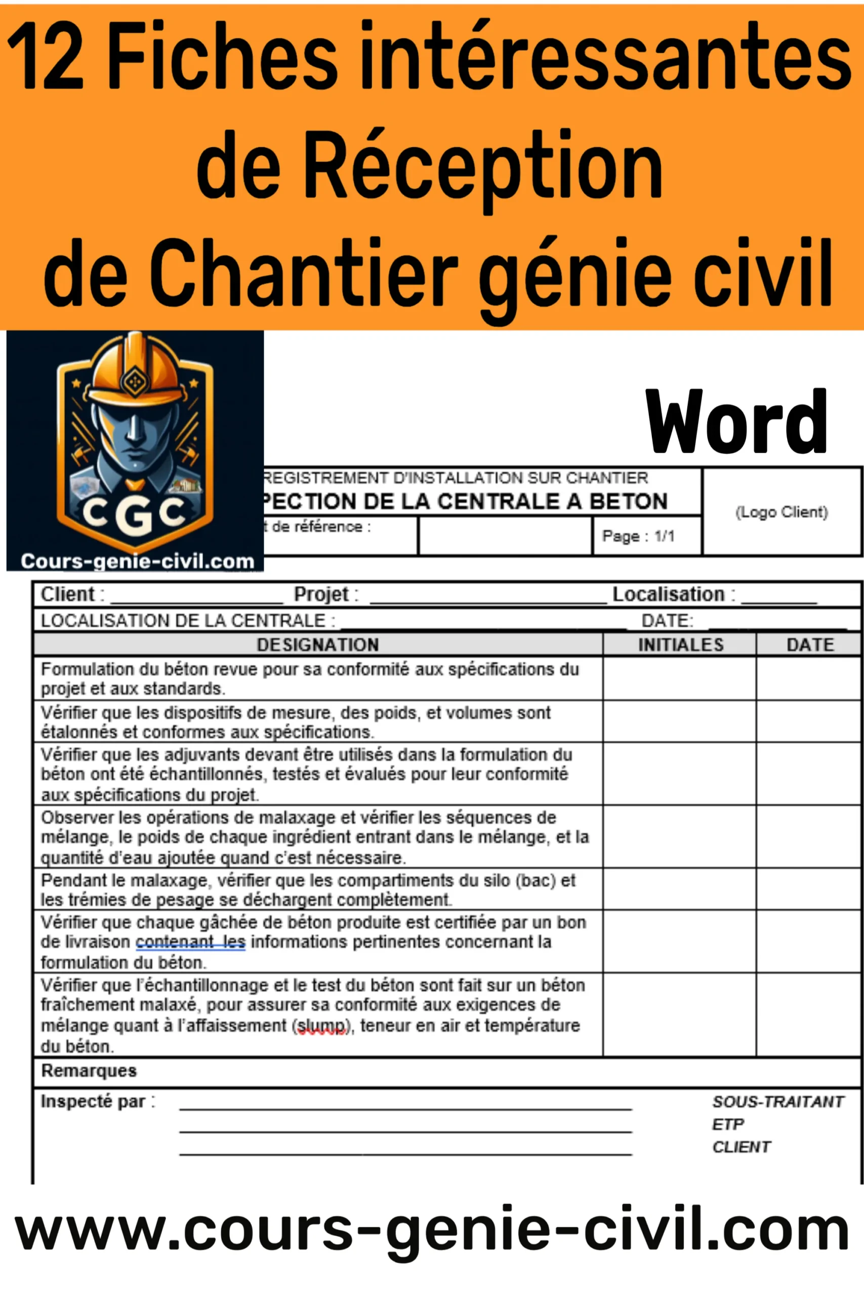 12 Fiches pratiques pour la réception de chantier en génie civil — Format Word