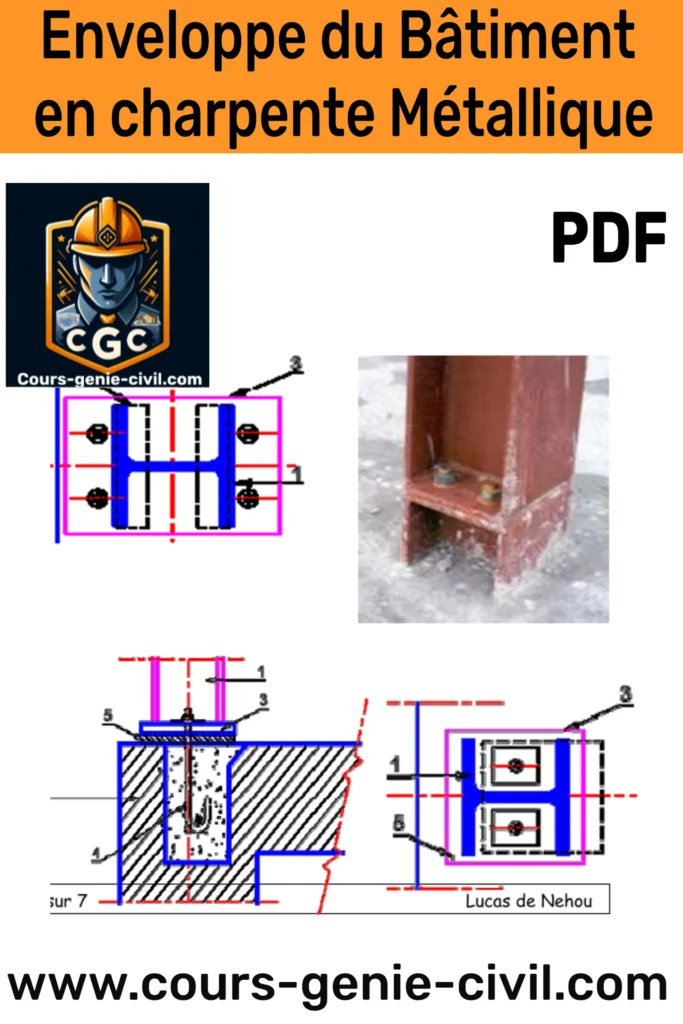 Diagramme illustrant une enveloppe de bâtiment en charpentes métalliques avec des éléments en acier, comprenant des poteaux, des poutres et des contreventements. 