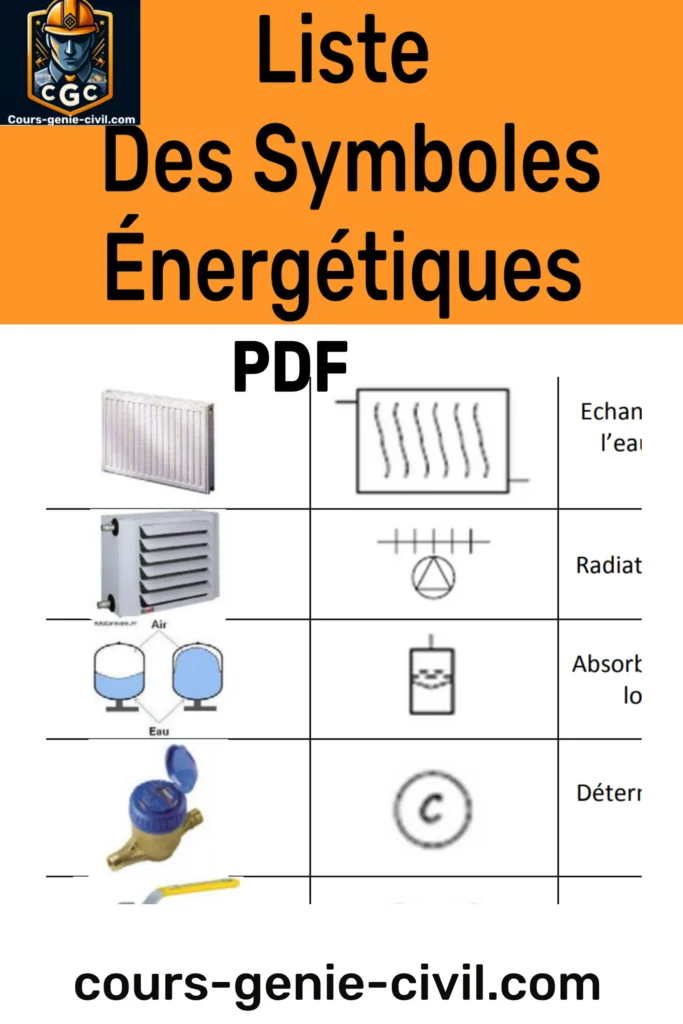 Schéma illustrant une sélection de symboles hydrauliques et de chauffage industriel présents dans le PDF "Liste des Symboles Énergétiques".
