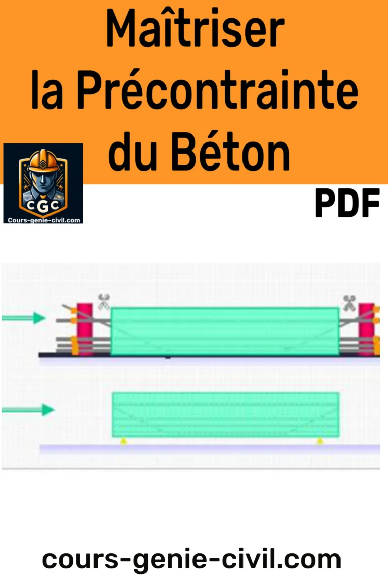 Diagramme illustrant la technique de précontrainte du béton, montrant les câbles tendus avant ou après le coulage pour renforcer la structure.