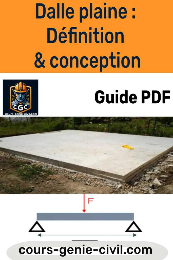 Illustration technique d'une dalle plaine en béton armé montrant les armatures et la structure de support pour la construction. 