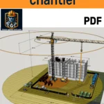 Illustration du plan d’installation du chantier (PIC) avec représentation des zones de préfabrication, stockage, cantonnements, équipements de levage, et réseaux, montrant l’organisation optimisée pour la gestion du chantier.