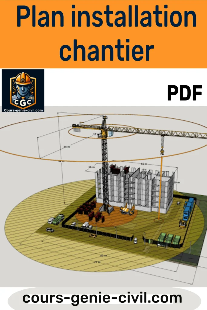 Illustration du plan d’installation du chantier (PIC) avec représentation des zones de préfabrication, stockage, cantonnements, équipements de levage, et réseaux, montrant l’organisation optimisée pour la gestion du chantier.