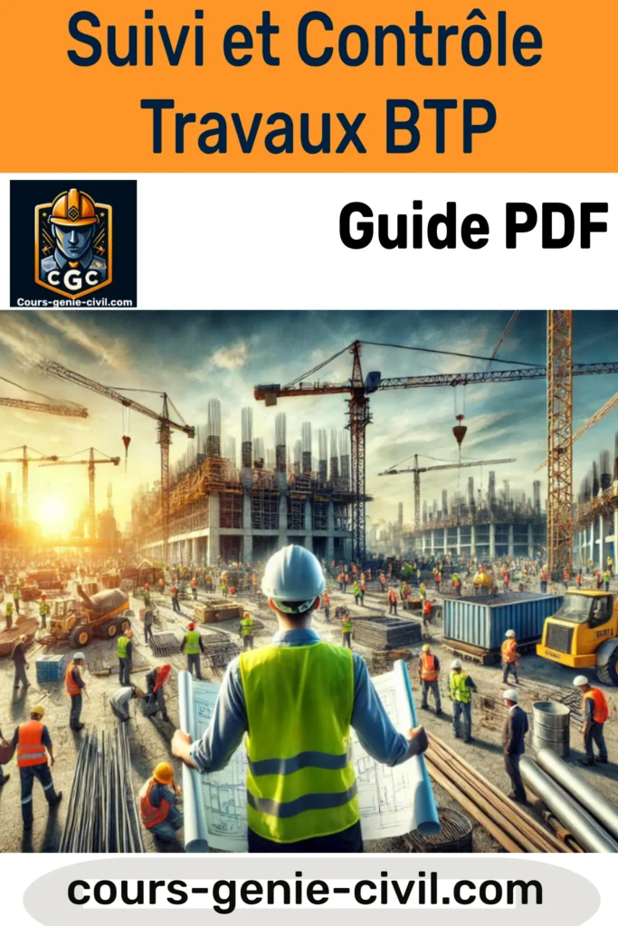 Schéma illustrant le suivi et le contrôle technique des travaux de construction BTP, avec calendrier, check-lists et dispositifs de surveillance.