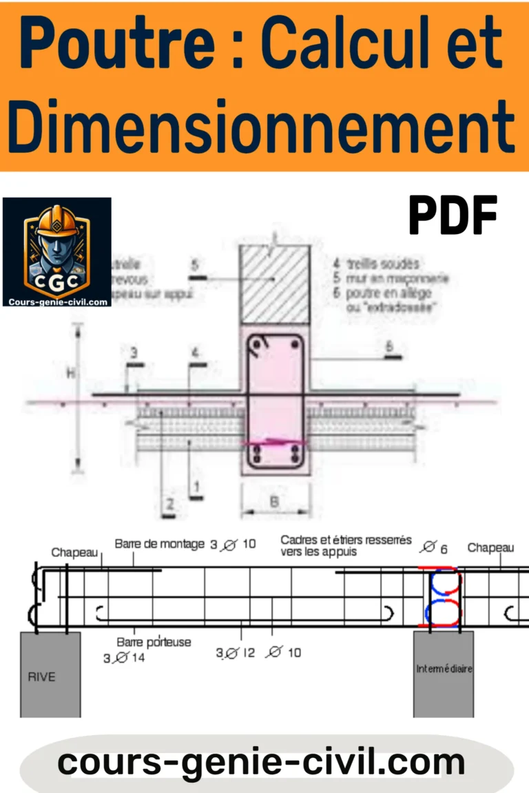Diagramme illustrant le calcul et le dimensionnement d'une poutre en béton armé, avec schéma des efforts, armatures et sections structurales.