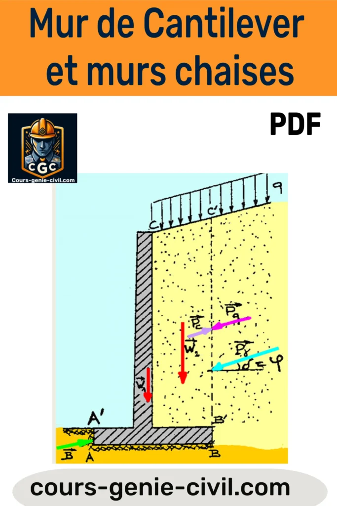 Schéma technique illustrant la conception d’un mur de soutènement cantilever avec renforts en forme de chaise, utilisé en génie civil pour stabiliser les sols
