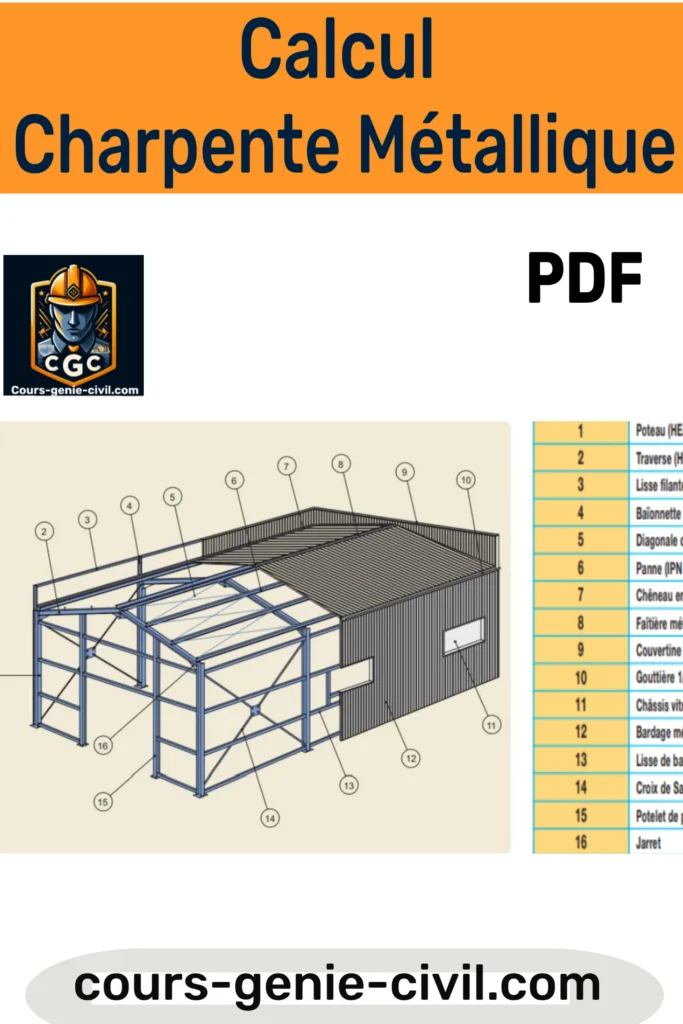 Couverture du PDF "Les Bases de calcul et Dimensionnement d'une Charpente Métallique" montrant une illustration technique d'une structure métallique.