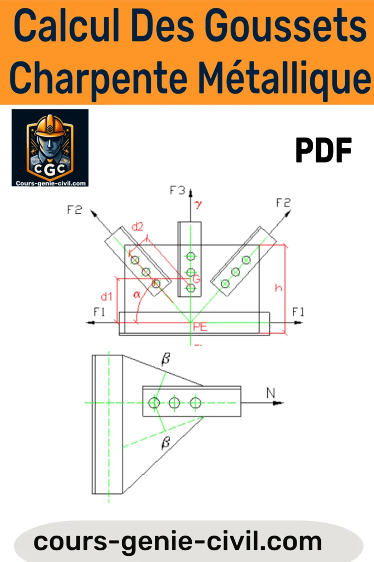 Schéma technique illustrant le calcul et la vérification des goussets dans une charpente métallique, avec annotations sur les efforts et les assemblages.