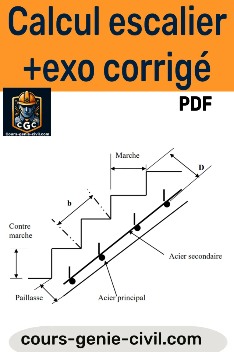 Illustration pédagogique représentant les formules de calcul et le ferraillage d'un escalier en béton armé, avec référence à un exercice corrigé en PDF.