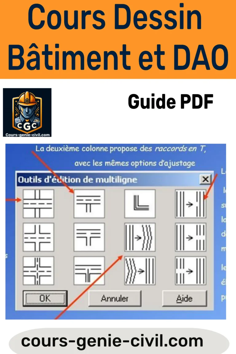 Illustration représentant un cours complet de dessin bâtiment et DAO, incluant des exemples de plans techniques, des esquisses architecturales et une interface logicielle AutoCAD.