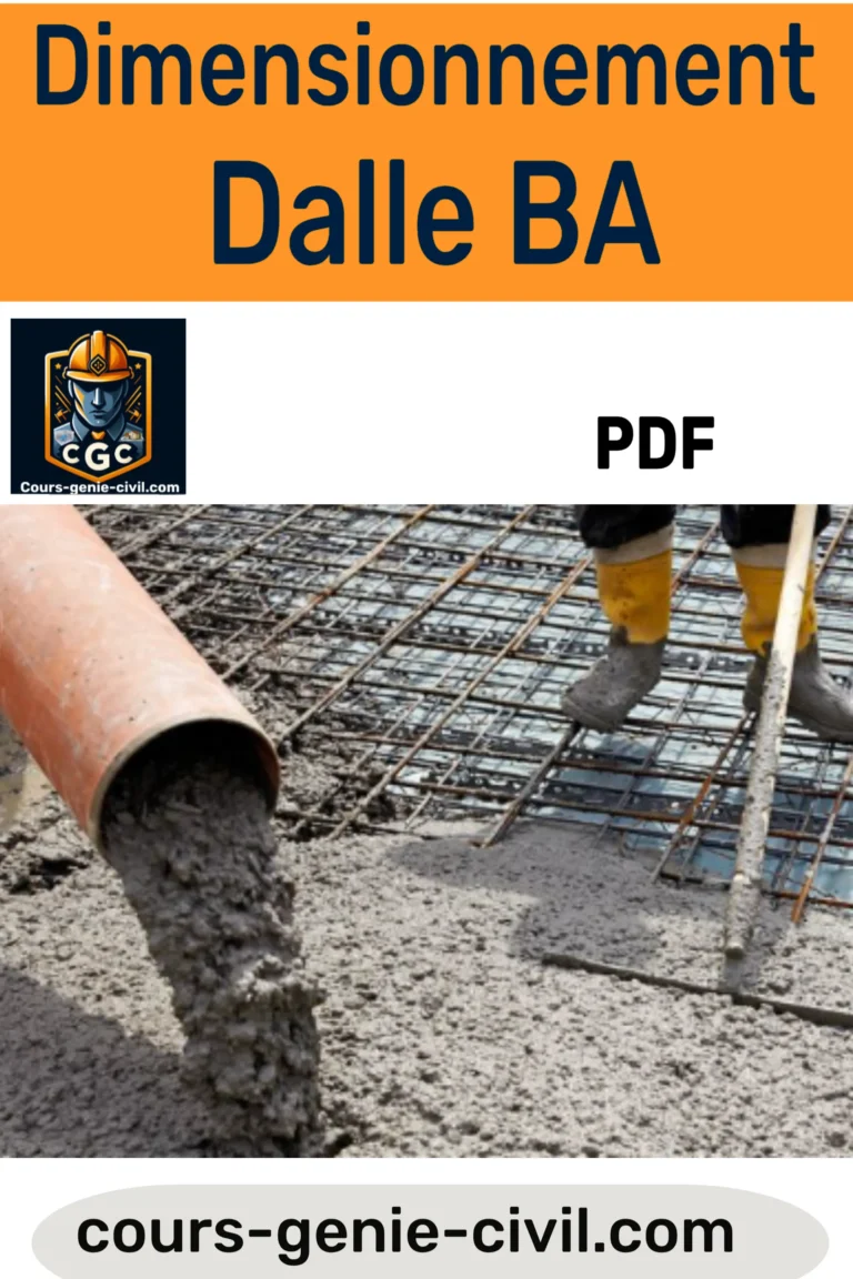 Image de couverture d’un guide PDF intitulé "Dimensionnement Dalle Béton Armé", montrant une illustration d’une dalle de béton armé avec des barres d’acier, accompagnée d’un titre en texte blanc sur fond bleu.