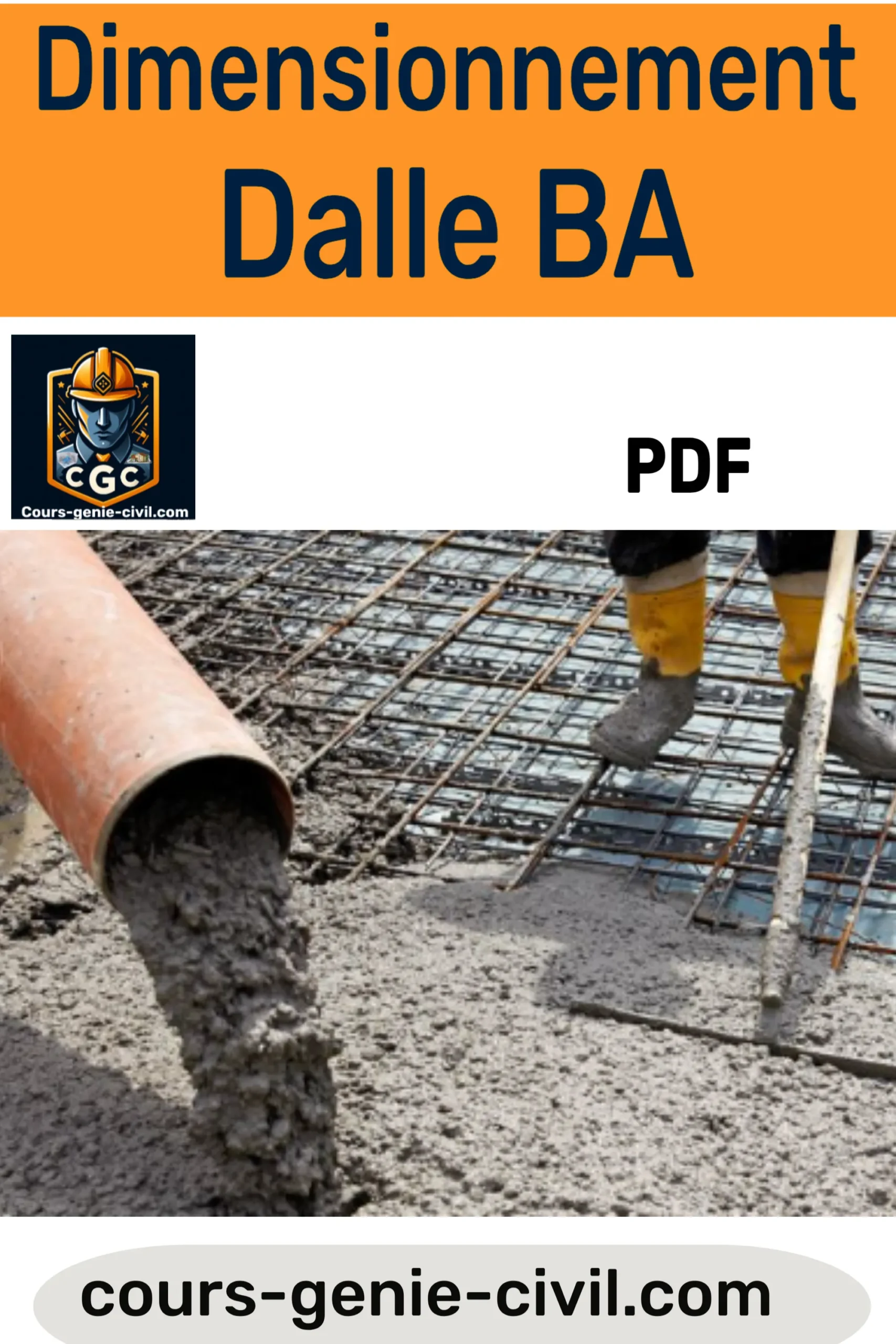 Image de couverture d’un guide PDF intitulé "Dimensionnement Dalle Béton Armé", montrant une illustration d’une dalle de béton armé avec des barres d’acier, accompagnée d’un titre en texte blanc sur fond bleu.