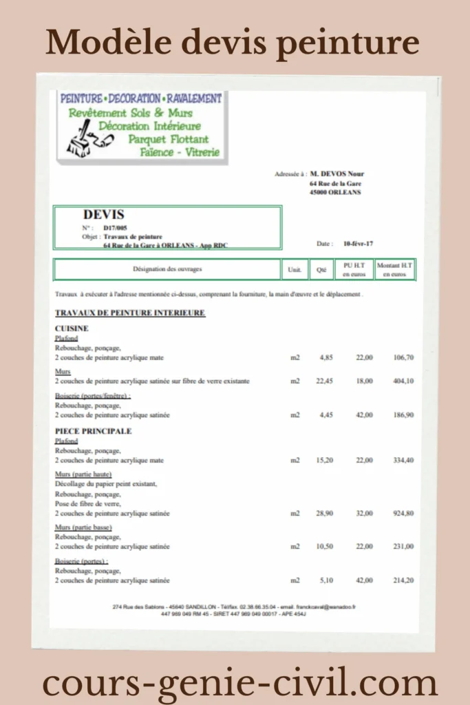 Aperçu d'un modèle de devis de peinture professionnel montrant un tableau détaillant les prestations et les prix.
