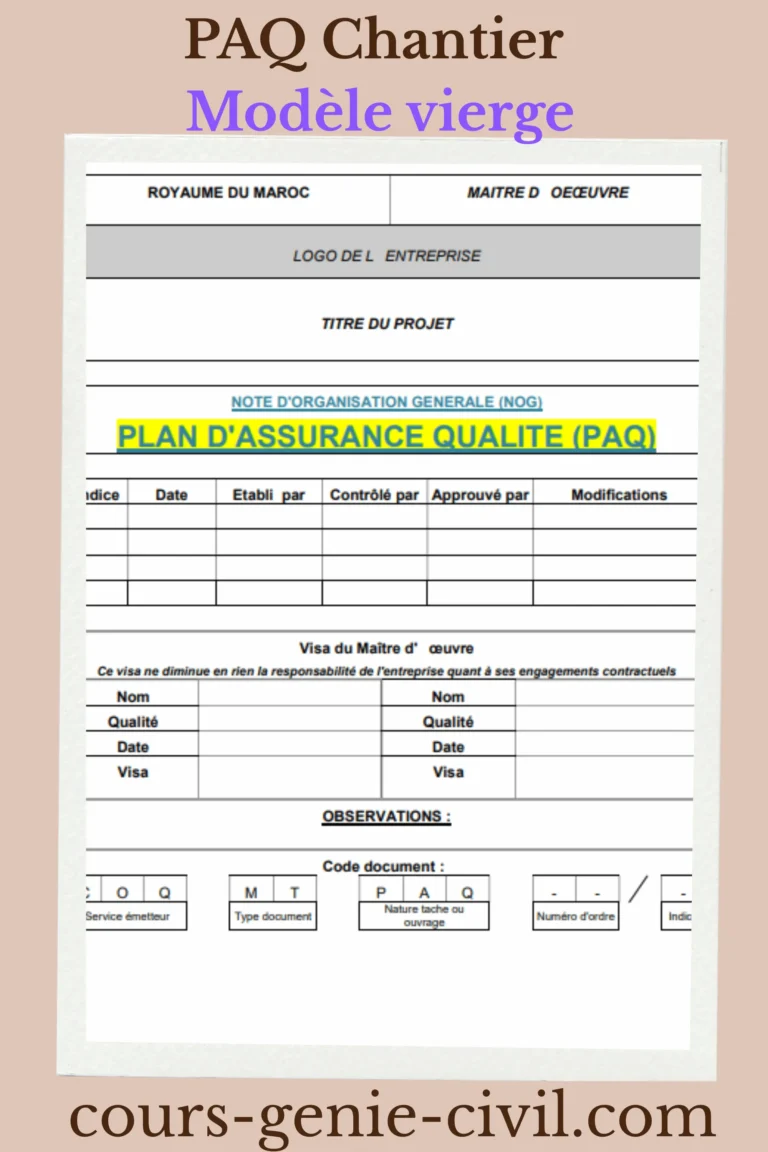 Modèle de document Plan d'Assurance Qualité pour chantier de construction avec structure organisée et sections détaillées.