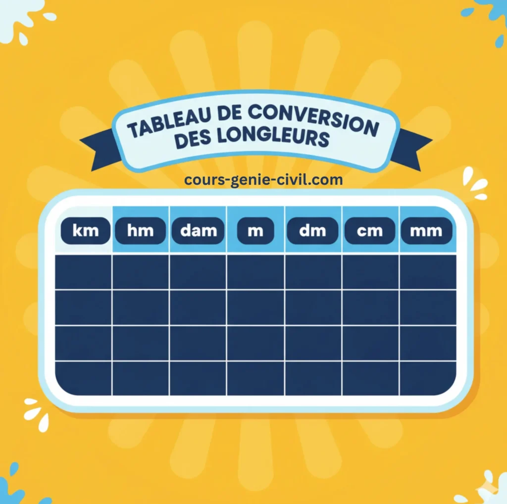 Tableau de conversion des unités de longueur métriques (km, hm, dam, m, dm, cm, mm) sur fond jaune et bleu foncé.
