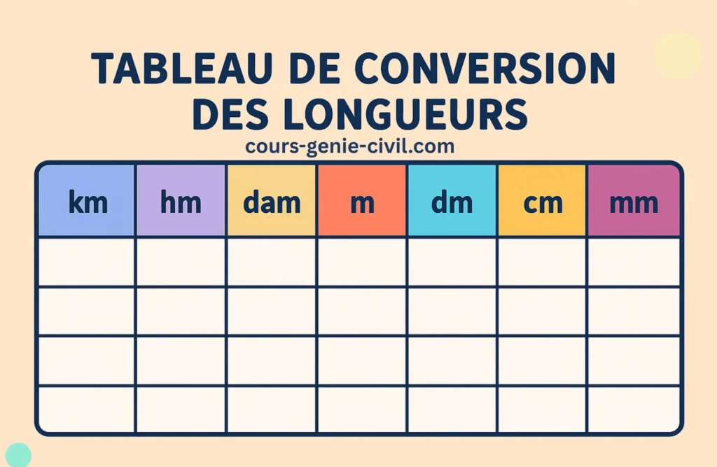 Tableau de conversion des unités de longueur métriques (km, hm, dam, m, dm, cm, mm) sur fond jaune et bleu foncé.
