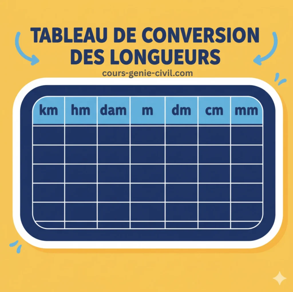Tableau de conversion des unités de longueur métriques (km, hm, dam, m, dm, cm, mm) sur fond jaune et bleu foncé.
