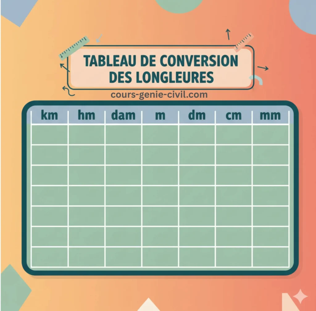Tableau de conversion des unités de longueur métriques (km, hm, dam, m, dm, cm, mm) sur fond jaune et bleu foncé.
