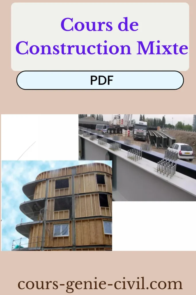 Chantier de construction mixte avec poutre acier-béton, dalle mixte et bâtiment moderne en bois-béton, illustrant les systèmes hybrides performants.