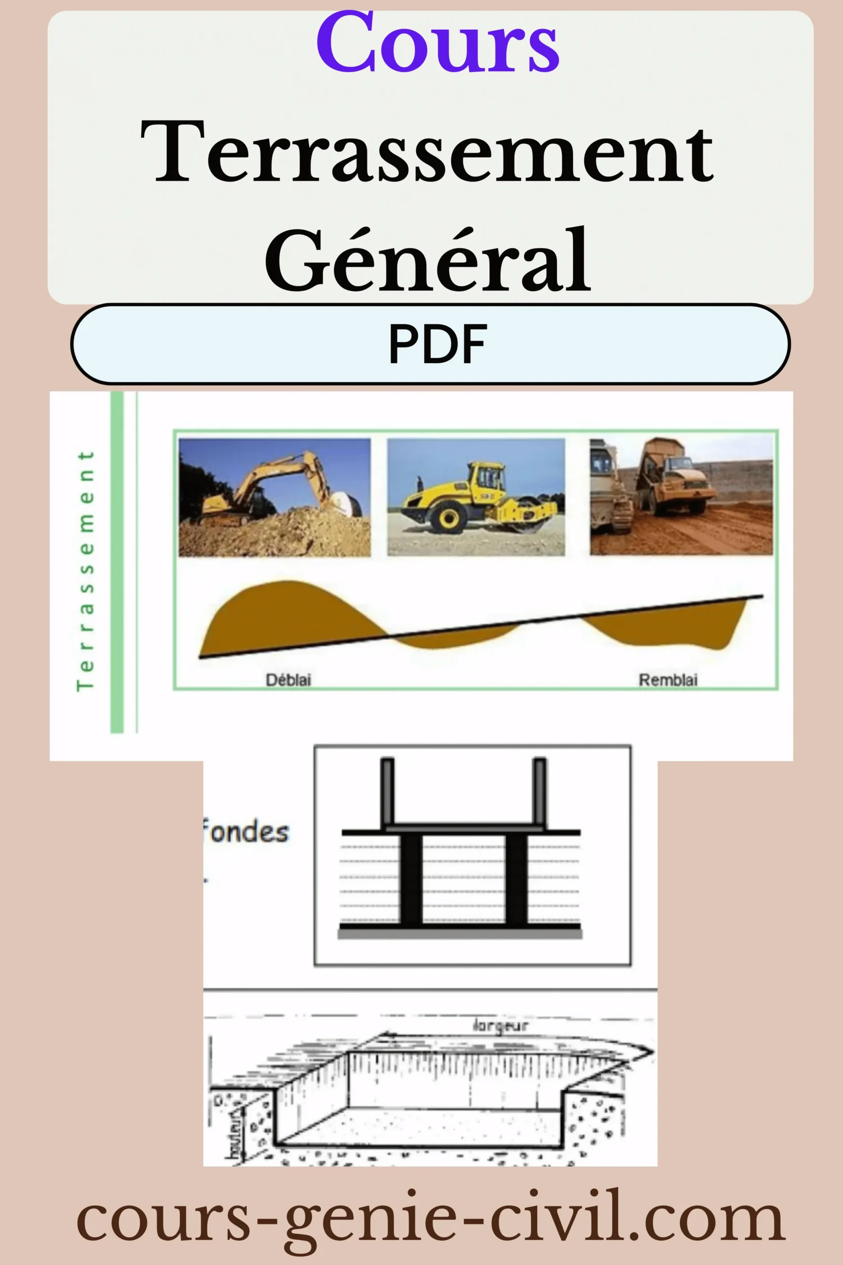 Couverture du cours complet terrassement général et techniques de consolidation des sols PDF 106 pages avec engins de chantier et schémas déblai-remblai