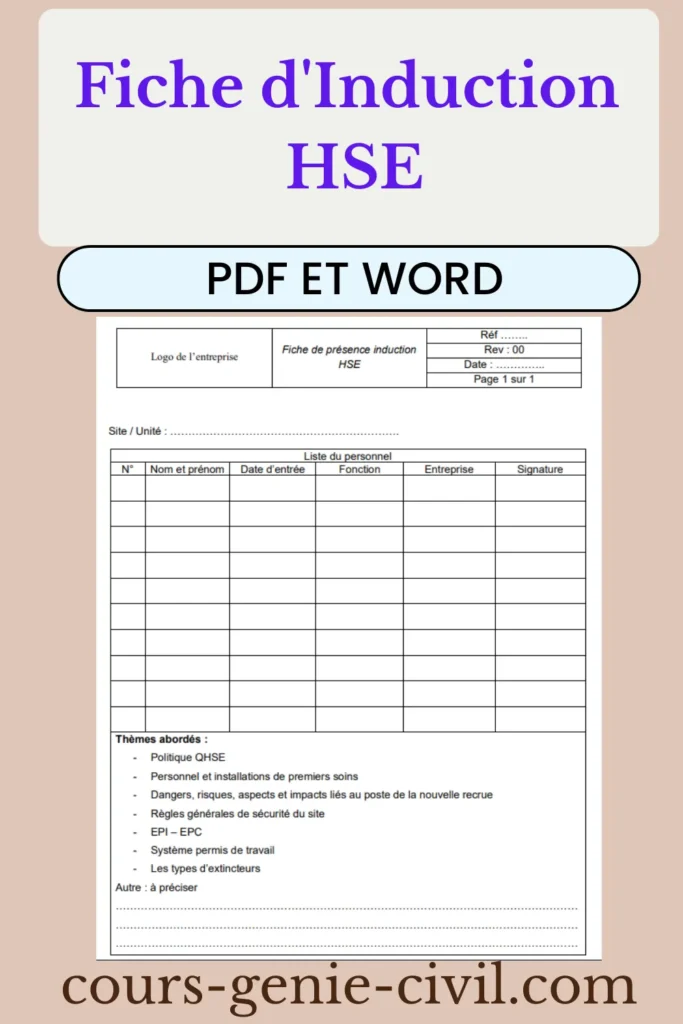 Modèle de fiche d’induction HSE PDF avec tableau de présence Modèle de fiche d’induction HSE PDF avec tableau de présence, thèmes de formation sécurité et emplacement pour signature des participants et visa HSE