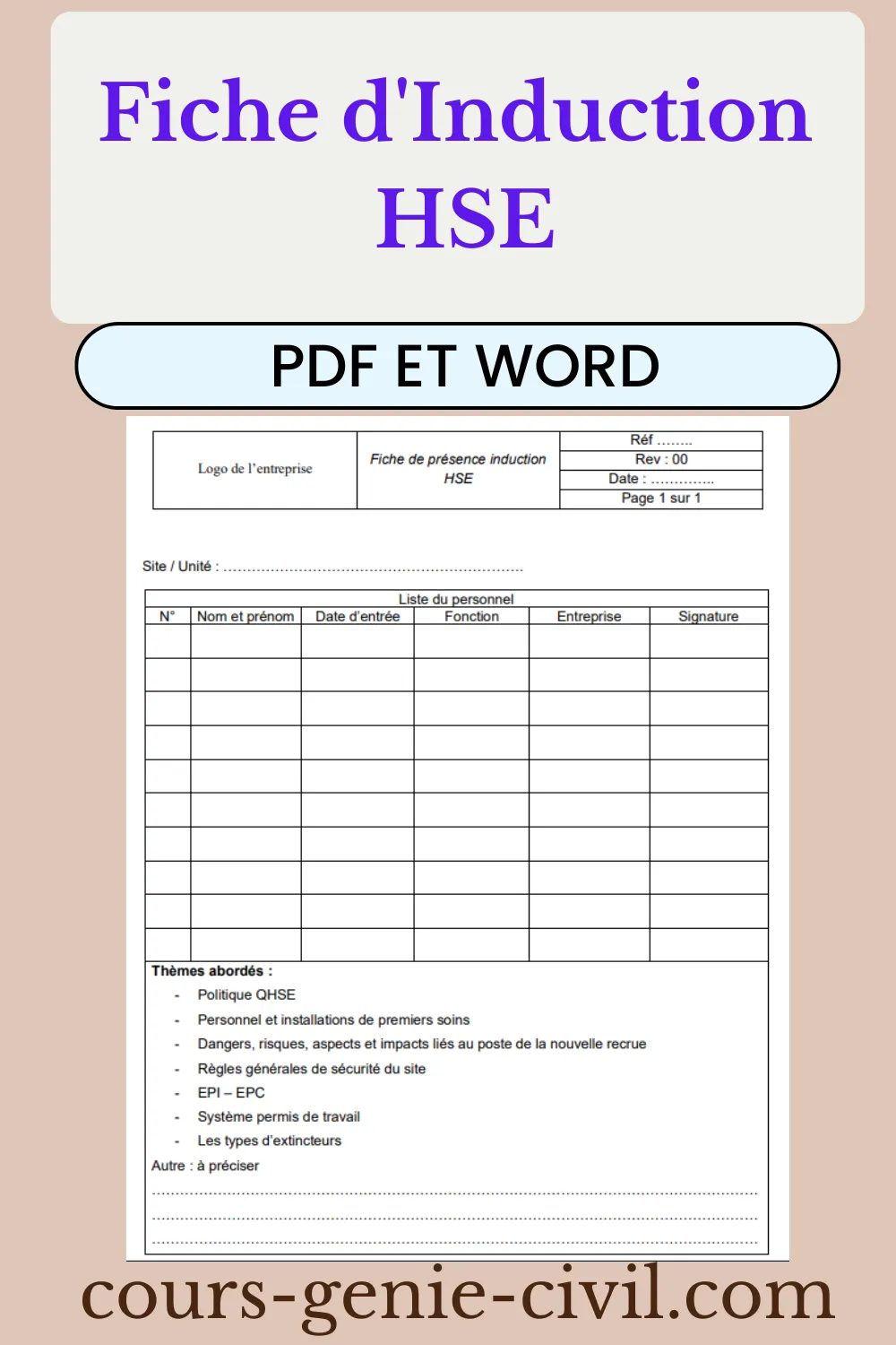Modèle de fiche d’induction HSE PDF avec tableau de présence, thèmes de formation sécurité et emplacement pour signature des participants et visa HSE