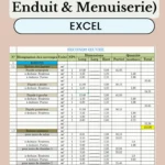 Modèle Excel de métré pour second œuvre avec calculs de peinture, enduit et menuiserie.