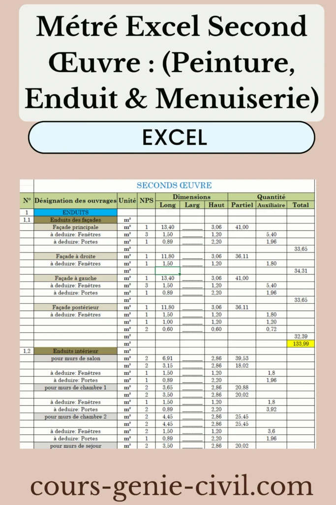 Outil gratuit Excel pour métré bâtiment, couvrant enduits, peintures et éléments de menuiserie. Modèle Excel de métré pour second œuvre avec calculs de peinture, enduit et menuiserie.
