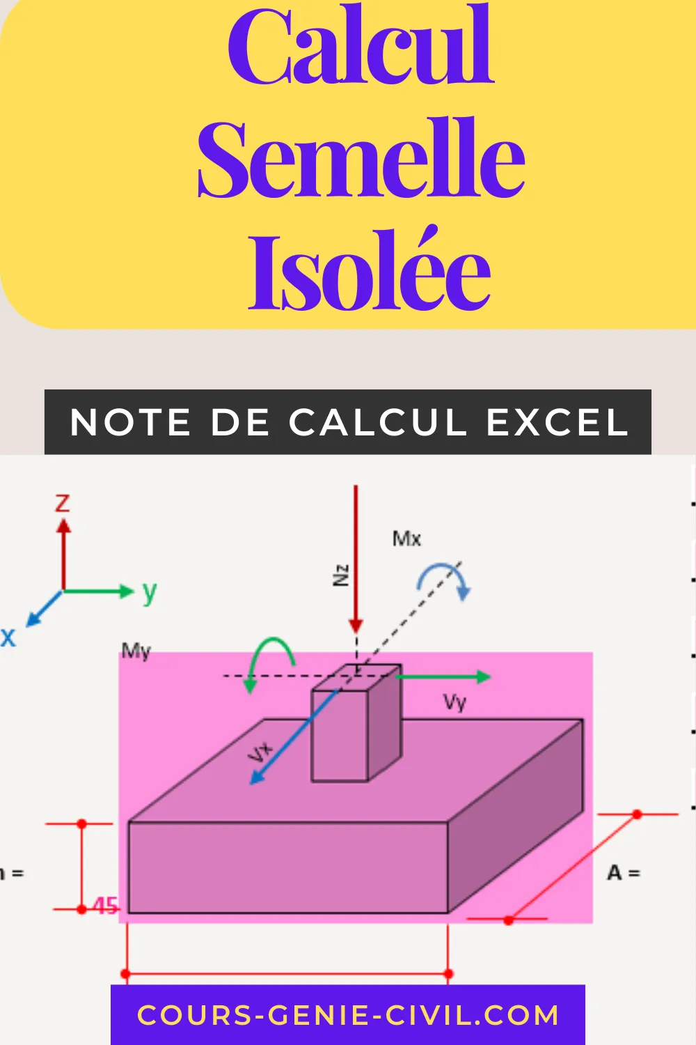 Outil de calcul pour fondations en béton armé montrant un tableur Excel avec formules de dimensionnement.