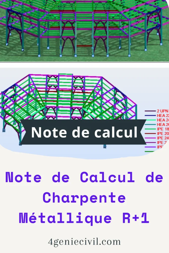 Modélisation numérique note de calcul charpente métallique. Vue 3D d'une modélisation de structure en charpente métallique pour un bâtiment R+1 montrant les poteaux et les poutres.