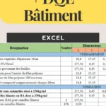 Tableau Excel professionnel avant-métré + DQE avec colonnes quantités, prix unitaires et totaux pour un projet de construction de maison individuelle.