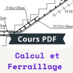 Escalier en béton armé avec ferraillage visible et coupe montrant les marches et la paillasse