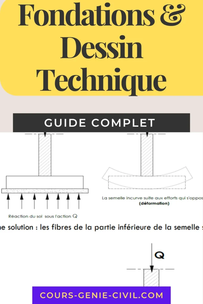 Cours de dessin de génie civil sur les fondations en béton armé pour la 6ème année de construction.