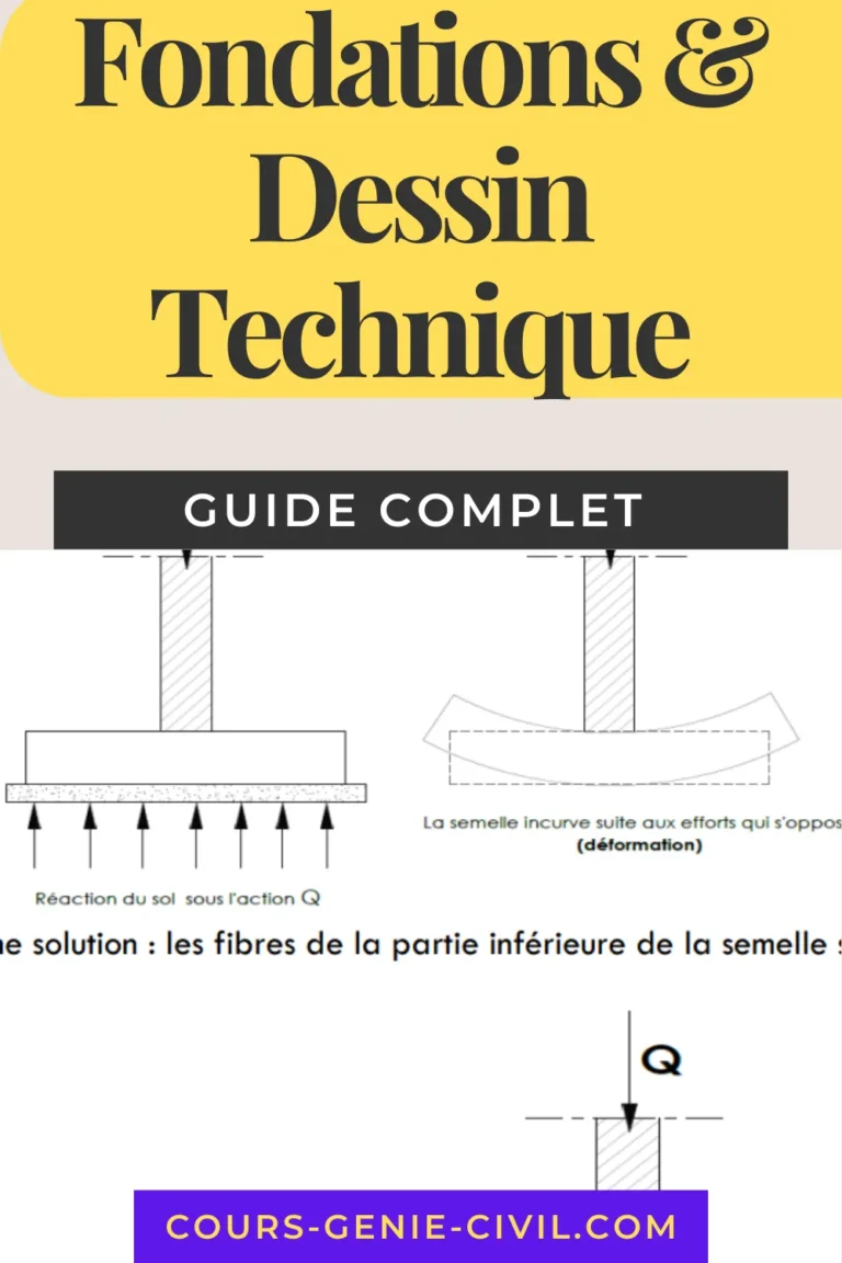 Cours de dessin de génie civil sur les fondations en béton armé pour la 6ème année de construction.