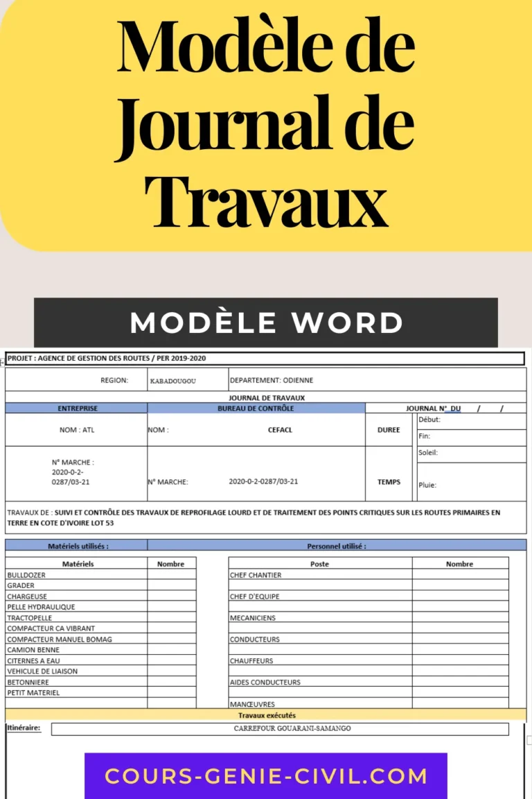 Modèle de journal de travaux pour suivi de chantier routier en format Word.