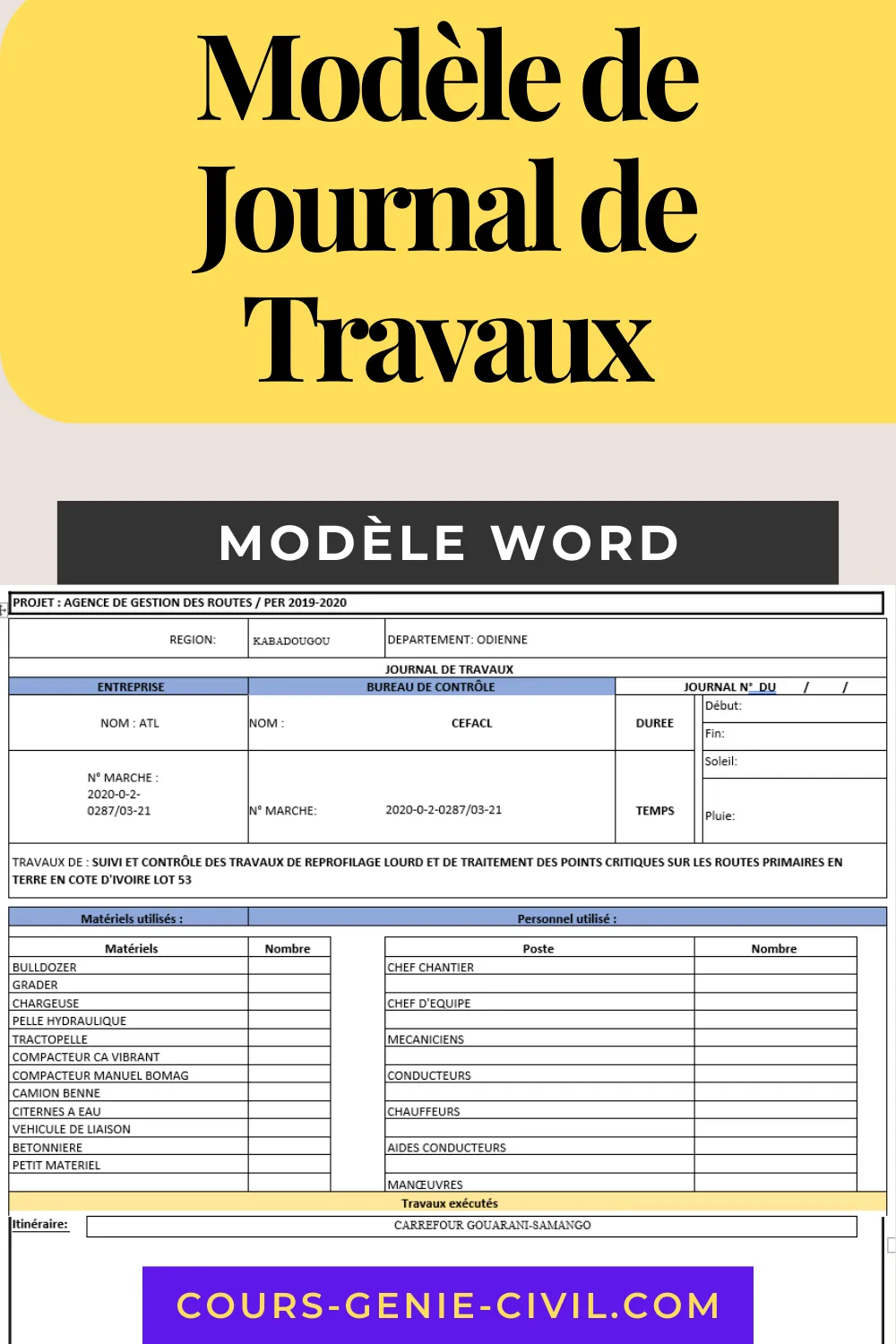 Modèle de journal de travaux pour suivi de chantier routier en format Word.