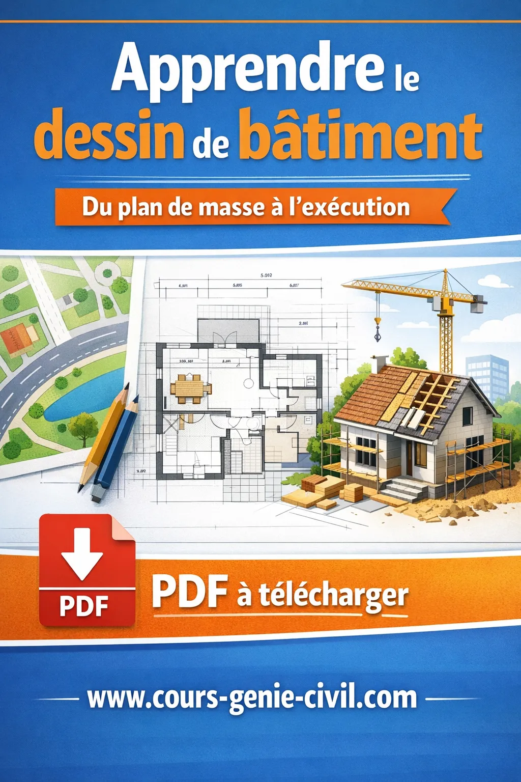 Illustration détaillée d’un plan technique de bâtiment montrant l’évolution du dessin depuis l’implantation jusqu’à la structure exécutée en génie civil.
