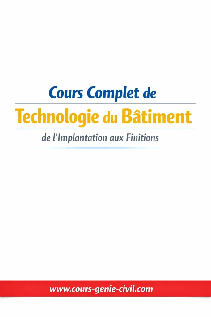 Schéma explicatif d’un bâtiment complet illustrant les étapes de construction de l’implantation aux finitions dans un cours de technologie du bâtiment.