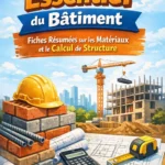 Infographie des fiches résumées illustrant matériaux de construction et calculs de structure essentiels pour un bâtiment solide et durable.