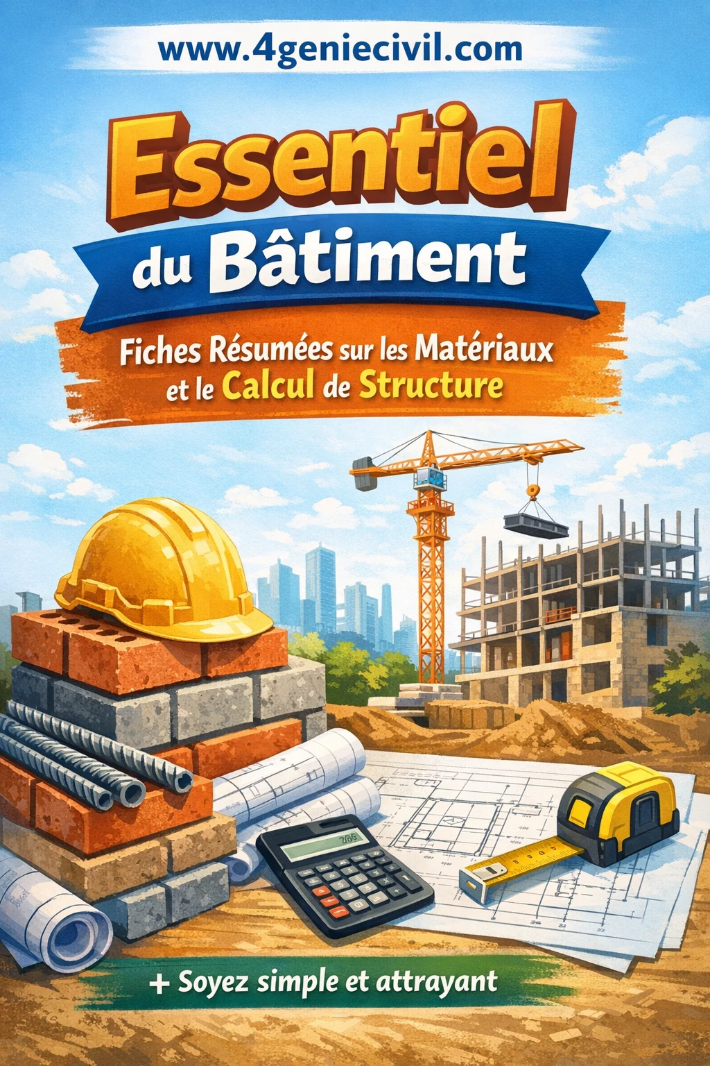 Infographie des fiches résumées illustrant matériaux de construction et calculs de structure essentiels pour un bâtiment solide et durable.