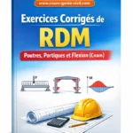 Illustration d’une poutre en béton armé soumise à une charge ponctuelle avec diagrammes des efforts internes M, T et contraintes normales en Résistance des Matériaux.