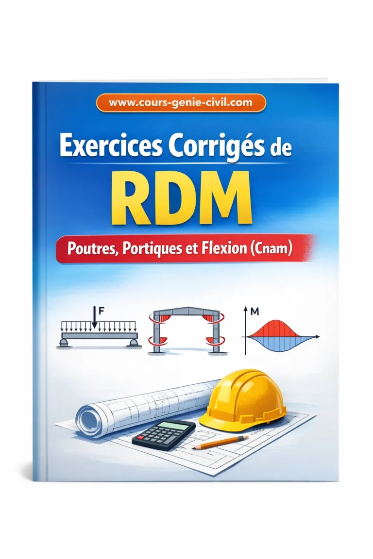 Illustration d’une poutre en béton armé soumise à une charge ponctuelle avec diagrammes des efforts internes M, T et contraintes normales en Résistance des Matériaux.