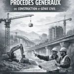 Deux ouvriers analysent des plans sur un chantier de génie civil avec grues, excavateurs et structures en béton en arrière-plan.