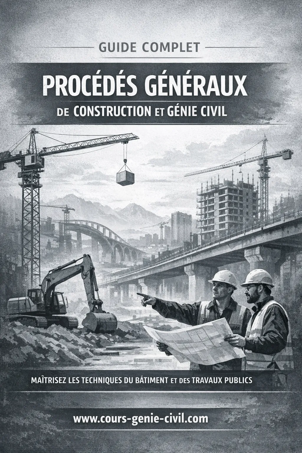 Deux ouvriers analysent des plans sur un chantier de génie civil avec grues, excavateurs et structures en béton en arrière-plan.