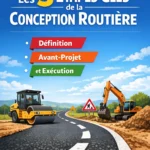 Illustration des trois étapes clés de la conception routière avec diagrammes clairs et vues de routes modernes.