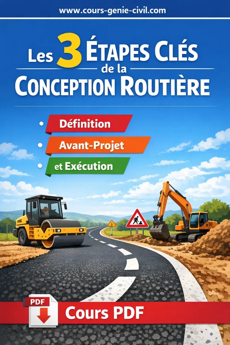 Illustration des trois étapes clés de la conception routière avec diagrammes clairs et vues de routes modernes.